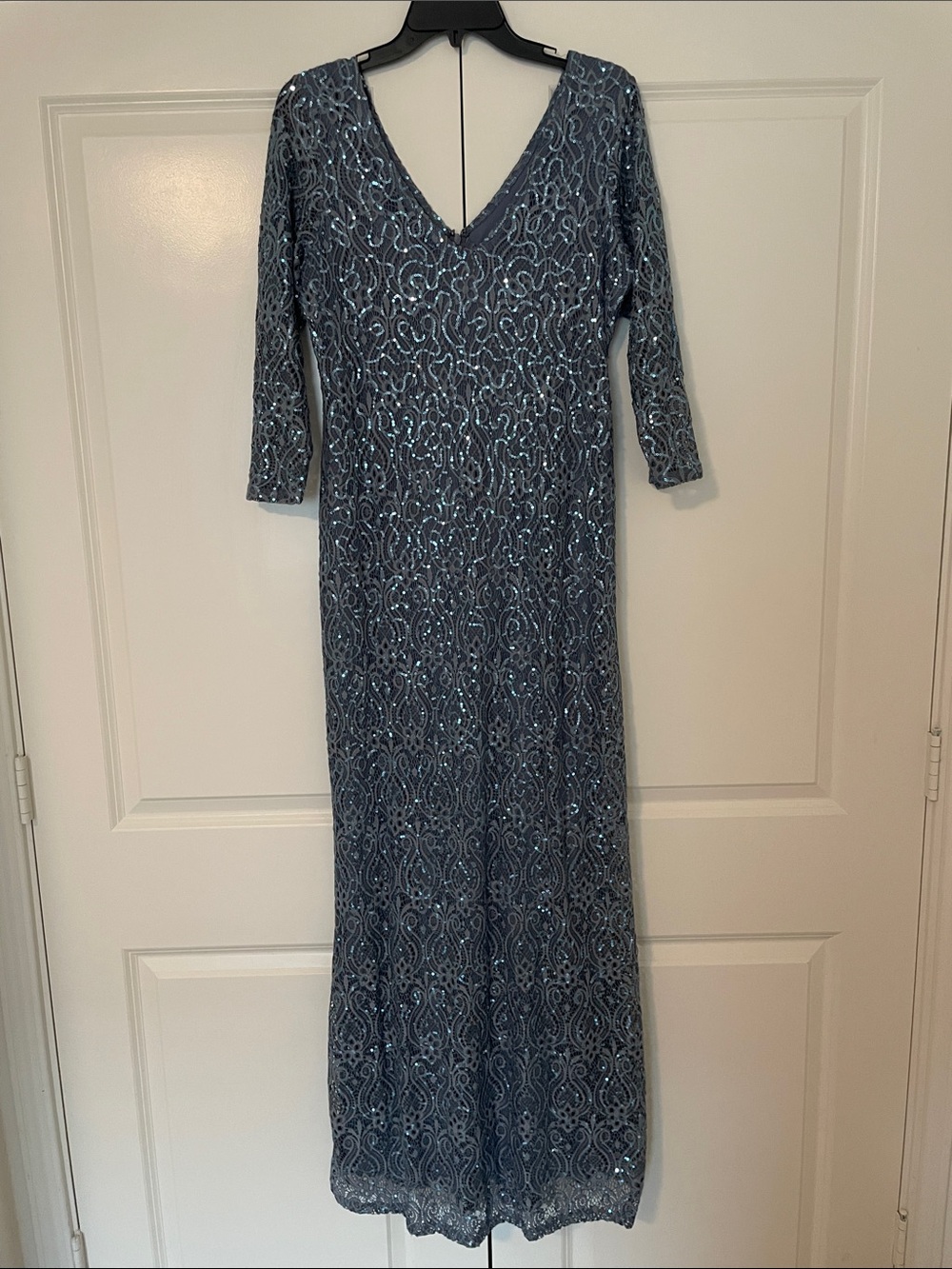 Blu Sage Sequin Lace Formal Evening Gown 14W 3/4 Sleeves V Neckline